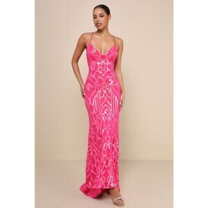 NWT Lulus Perfect Enchantment Hot Pink Sequin Lace-Up Mermaid Maxi Dress Ball XL